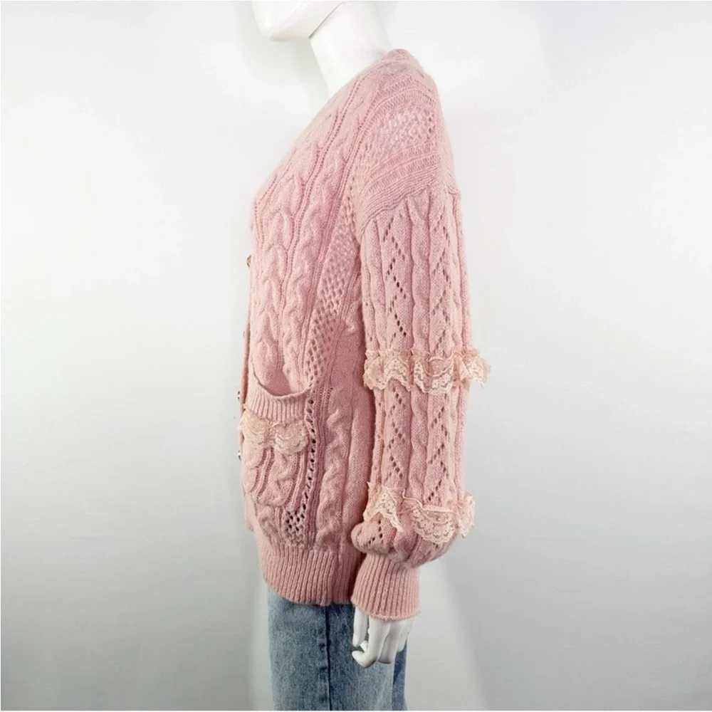 Romwe Kawaii Pink Cable Knit Lace Pearl Button Down Sweater Cardigan S - Picture 4 of 12